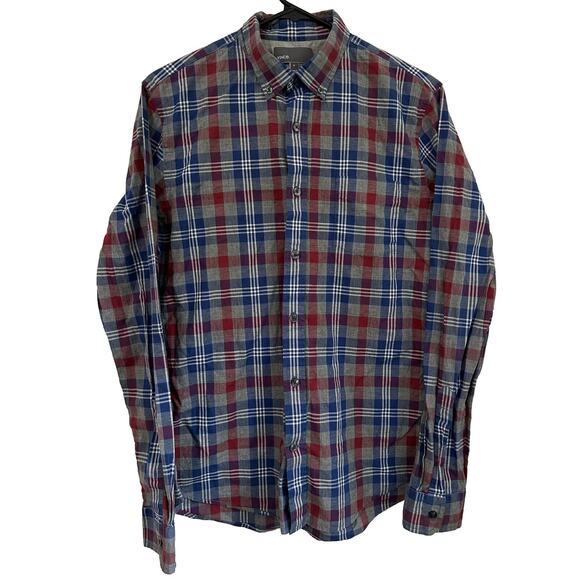 Vince Men's Size Sm Plaid Button-Down Shirt Collared Neck Long Sleeve Red Blue - Picture 1 of 5